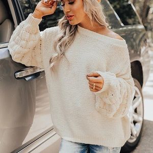 New Cream Mock Neck Pom Knit Sweater